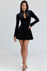 Black Velvet Front Hollow High Neck Long Sleeve Mini Dress