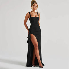 Square Neck Strap Thigh High Split Draped Long Dress