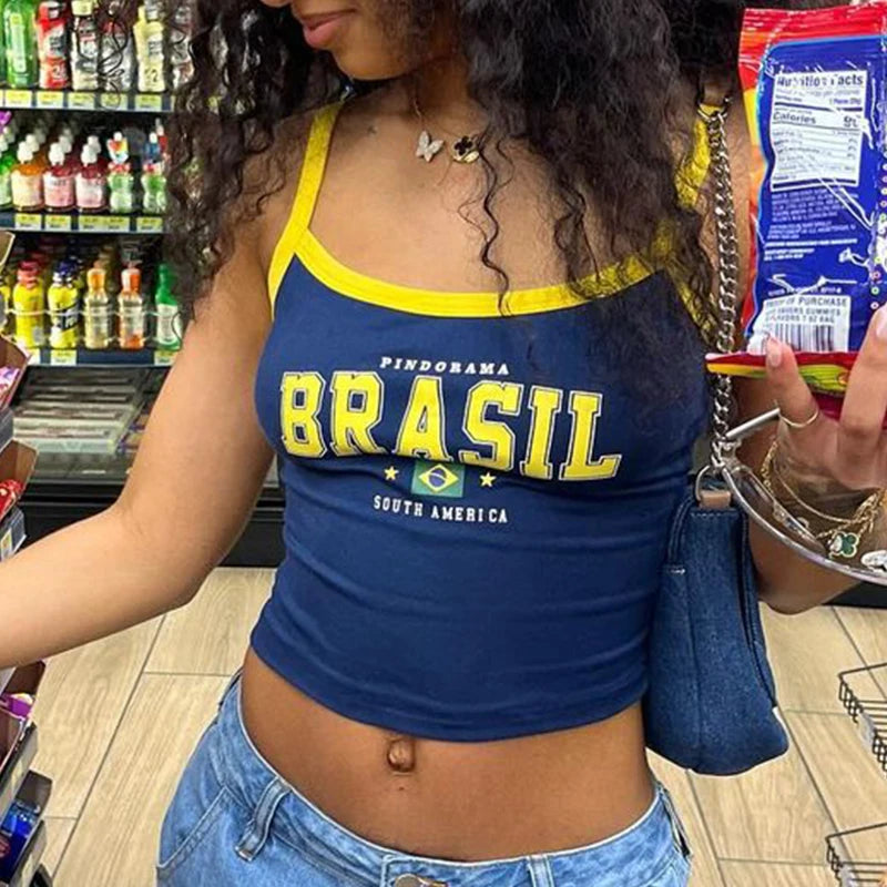 Women's blue Brasil print flag cami crop top.