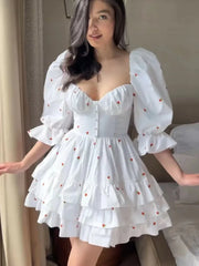 White Strawberry Print Puff Sleeve Frill Mini Dress