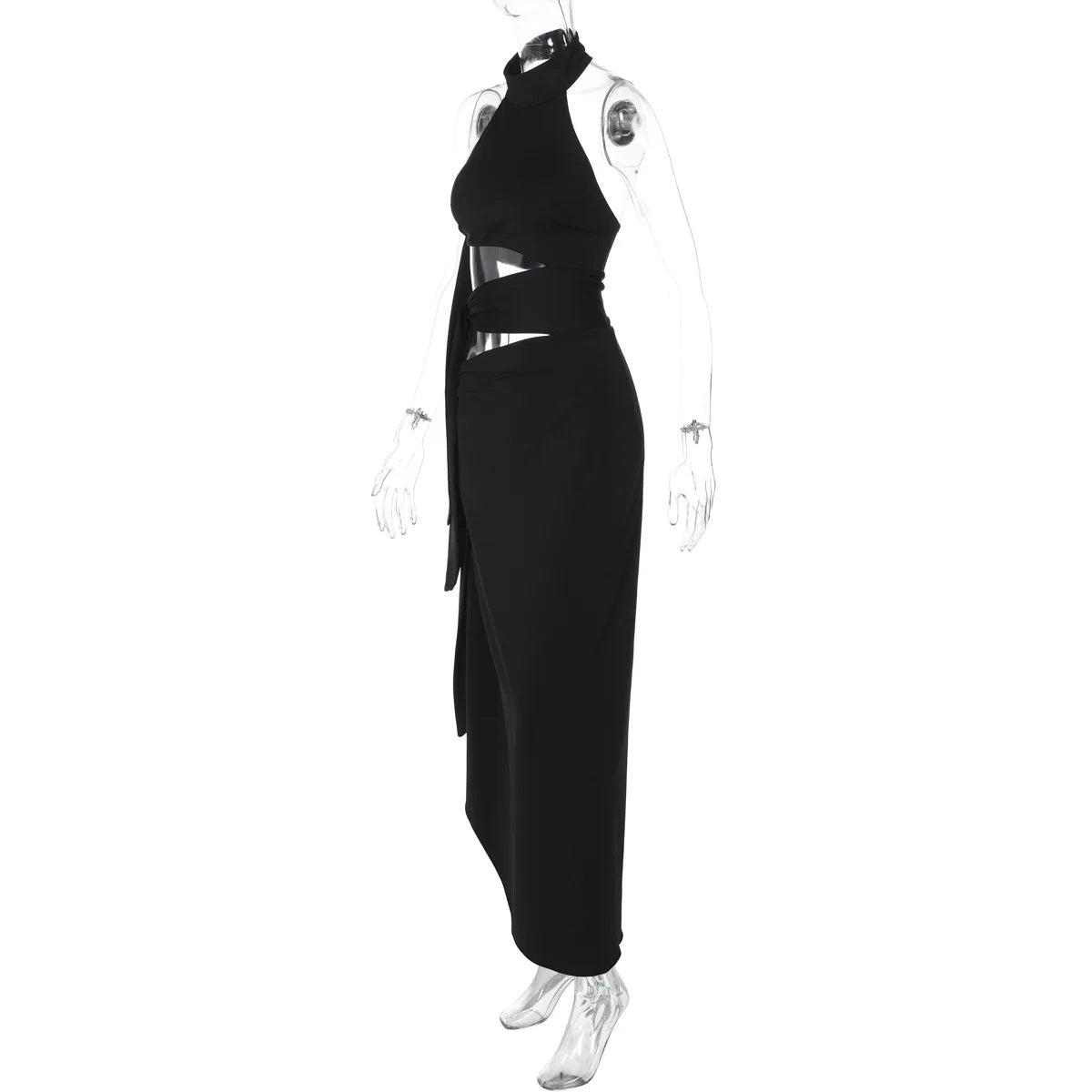 Black halter neck dress with cut-out details on a mannequin against a white background