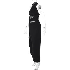 Black halter neck dress with cut-out details on a mannequin against a white background