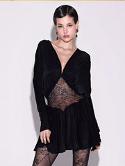 Black Long Sleeve Mesh Patchwork Mini Dress