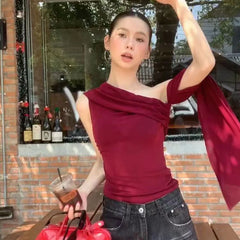 Slash Neck Off Shoulder Tie Up Top
