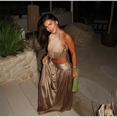 Gold Halter Open Back Crop Top And Maxi Skirt Set