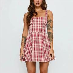 Red Plaid Print Bodice Tank Mini Dress