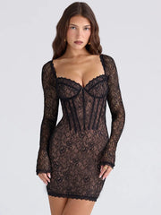 Lace Fishbone Sweetheart-Neck Long Sleeve Mini Dress