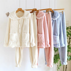 Flannel Plush Long Sleeve Shirt And Pants 2 Piece Set