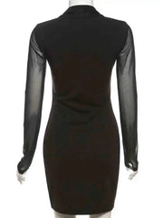 Black Mesh Long Sleeve Halter Deep Neck Bodycon Mini Dress
