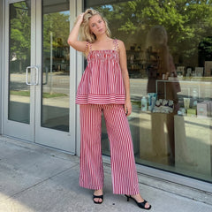 Red Striped Tie Up Strap Babydoll Top and Straight Pants Loungewear Set