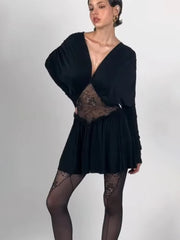 Black Long Sleeve Mesh Patchwork Mini Dress