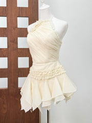 Halter Neck Lace-up Flower Pleated Mini Dress