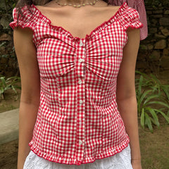 Ruffle Hem Button Up Cap Sleeve Smocked Top