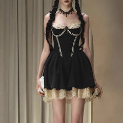 Black Fishbone Lace Trim Mini Dress