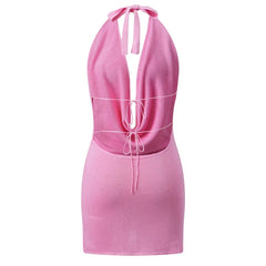 Knitted Halter Cowl Neckline Open Back Mini Bodycon Dress