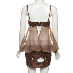 Brown Printed Puff Mesh Patchwork Mini Dress