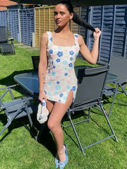 Sequins Flower Print Strap Mini Dress