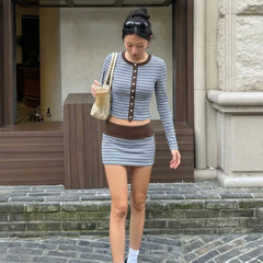 Blue Striped Crop Cardigan And Mini Skirt Set
