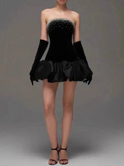 Black Velvet Rhinestone Mini Strapless Dress