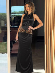 Black Satin Open Back Halter Leopard Sequins Patchwork Maxi Dress