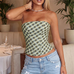 Plaid Solid Strapless Corset Top