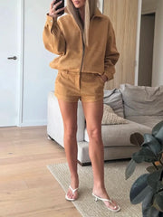 Brown Suede Zipper Jacket With Shorts