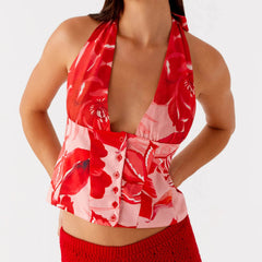 Printed Tie-up Halter Deep V-Neck Crop Top