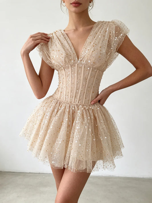 Sequin Tulle V-neck Mini Dress