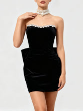 Black Diamonds Trim Velvet Strapless Bowknot Mini Dress