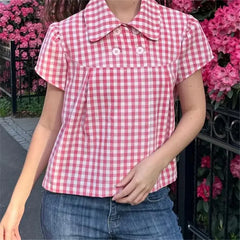Peter Pan Collar Gingham Puff Short Sleeve Top