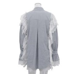 Lace Stripes Lapel Bell Sleeves Shirt And Shorts Set