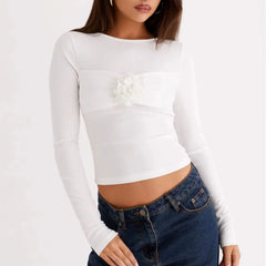 Long Sleeve 3D Flower Round Neck Top