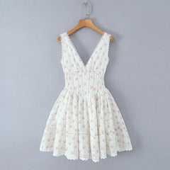 White V-Neck Floral Printed Mini Dress