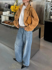 Brown Suede Zipper Jacket With Shorts