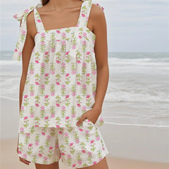 White Printed Tie Shoulder Top And Shorts Lounge Set