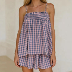 Gingham Babydoll Cami Tops And Wide Leg Shorts Set