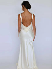 V-neck Satin Backless Pearl Chain Long Dress