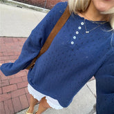 Eyelet Knit Pullover Button Long Sleeve Top