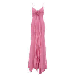 Pink Plunge V-neck 3D Flower Maxi Dress