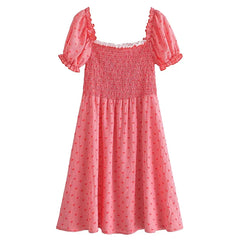 Red Smocked Heart-shaped Printed Mini Dress
