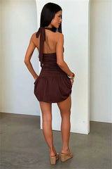Halter Sleeveless Twist Ruched Waist Mini Dress