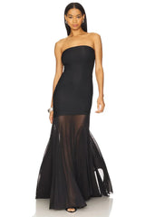Strapless Mesh Pleats Maxi Dress