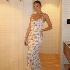 White Floral Corset Print Maxi Dress