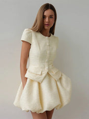 Tweed Puffy Sleeve Shirt And Bubble Skirt Set