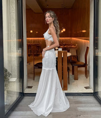 White Satin Lace Trim Bralette And Maxi Skirt Set