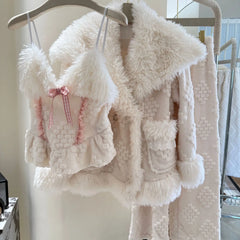 White Fur Plush 3 Piece Pajama Set