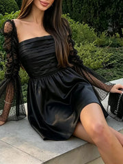 Black Satin Sheer Long Polka Dot Sleeves Mini Dress