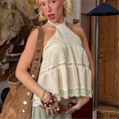 Yellow Tie Neck Lace Trim Top