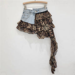 Leopard Print Ruffles Patchwork Denim Mini Skirts