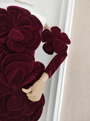 Velvet 3D Flower Strapless Mini Dress With Gloves